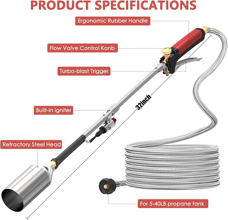 ACOVER Propane Torch Weed Burner Kit, High Output BTU with 10FT Weave Hose,Heavy Duty Torch with Flame Control and Turbo Trigger Push Button Igniter For Ice Snow Road,Weeding,Asphalt,Road Marking - Image 4